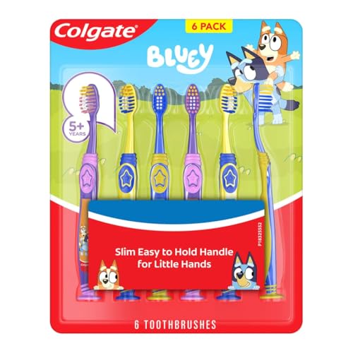 Colgate Extra Soft Kids Toothbrush Set, Bluey, Extra Soft Bristles with Suction Cup Base, Easy-Grip Handle for Children Ages 5+ (Pack of 6)