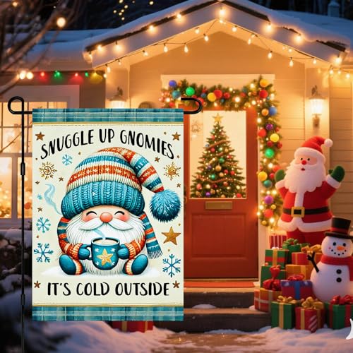 Image of BlissYard Winter Yard Flag Snowflake Gnomies Coffee 12x18 Inch Polyester