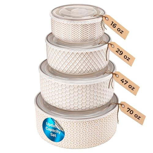 KooK Serving Bowls with Lids Ceramic Nesting Bowls Set of 4 Embossed Kitchen Prep Stackable Gift Microwave and Dishwasher Safe 16/29/47/70 oz Narbonne Collection (Ivory)