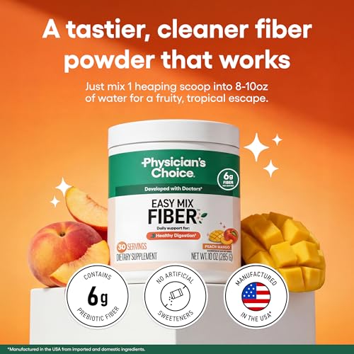 Image of Physician's CHOICE Easy Mix Fiber for GLP-1 Support - No Grit - Daily Prebiotic Soluble Fiber Powder Supplement for Women and Men - Peach Mango - 30 Servings