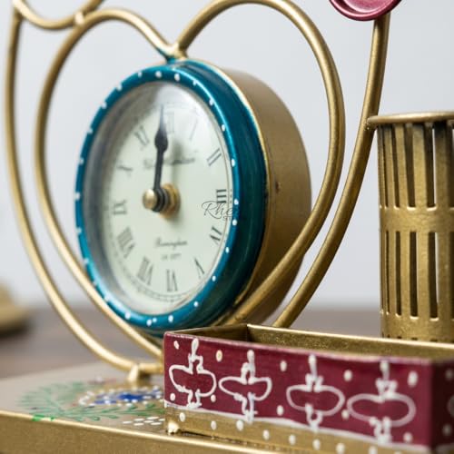 Image of Golden Stethoscope Pen Stand with Clock, Metal Desk Organizer Doctor Gift Item, Corporate Bulk Gifting Medical Clinic Table Showpiece and Office Decor (30x10x16 cm)
