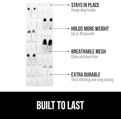 Miniatura 68 de Gorilla Grip - Zapatero para colgar en la puerta, 24 bolsillos de malla de hasta 40 libras, organizador para parte trasera del armario, soportes