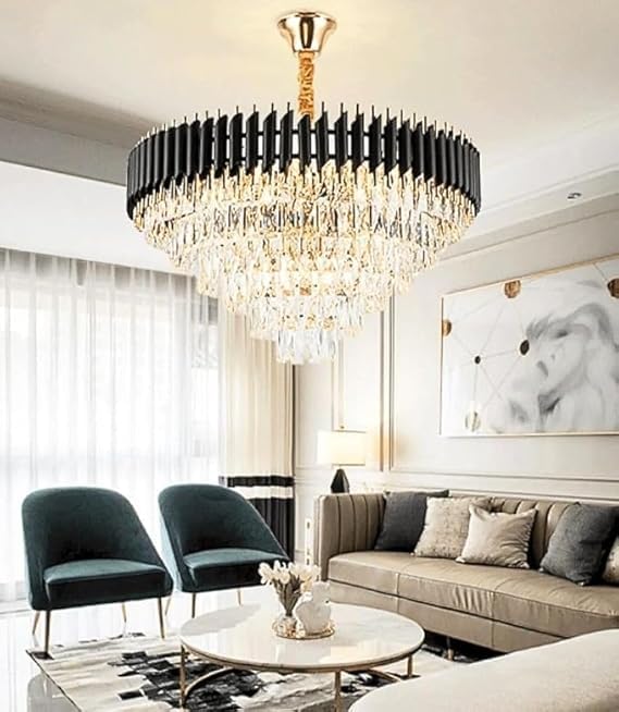 Image of Modern Ceiling Lamp 6-Tier Round Crystal Chandelier for Living Room | Modern Ceiling Light Jhumar for Hall for Home Decoration + 3 Color LED Light (Black Gold, 800MM)
