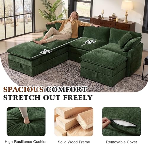 Image of Ihanherry Oversized Sectional Sofa Bed with Storage, 103 inch 6-Seater Modular Cloud Couch with Movable Ottomans, Chenille Deep Seat Sleeper Couches for Living Room (Green)