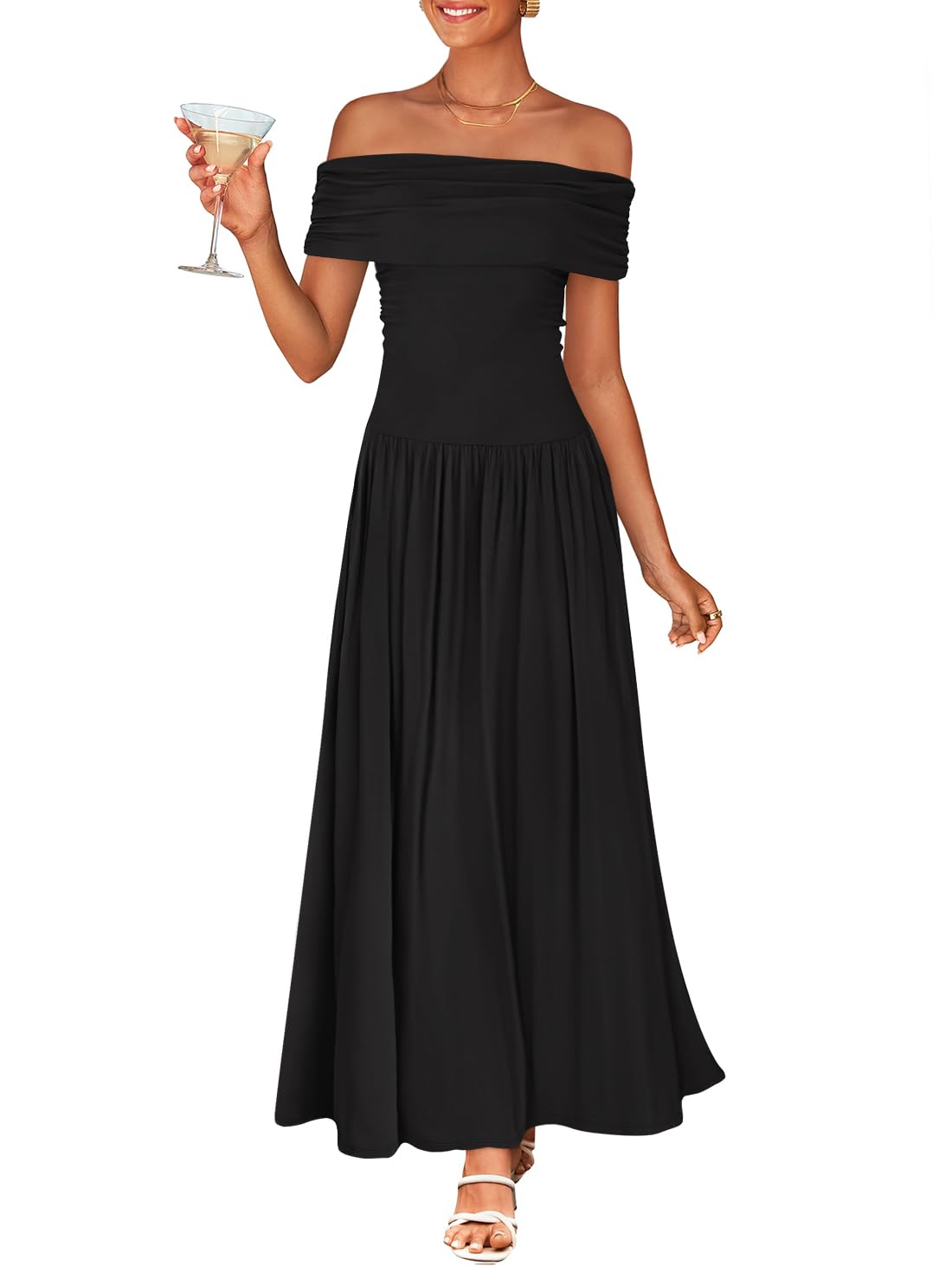 ZESICA Womens Off The Shoulder Maxi Dress 2026 Summer Sleeveless Casual Slim Swing Pleated Formal Party Dresses