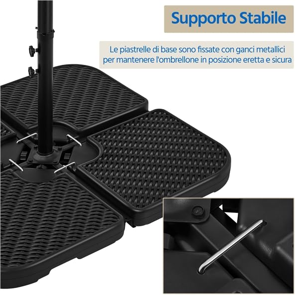 Yaheetech Base per Ombrellone Set 4 Pezzi Pesante Riempibile con Sabbia o Acqua 60L in HDPE con 4 Connettori Motivi di Rattan per Esterno Giardino Terrazza Nero