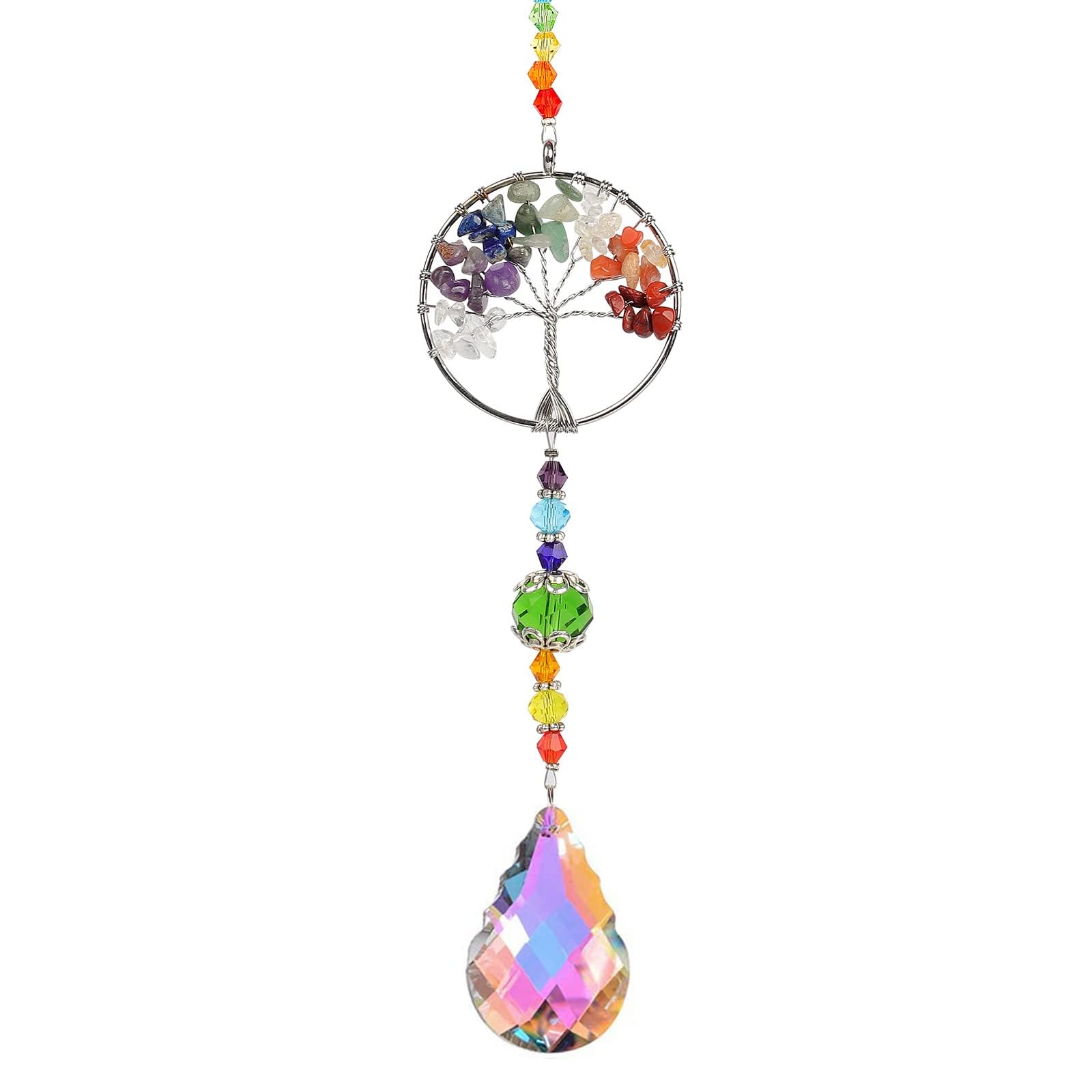 KASTWAVE Chakra Healing Crystal Stone Sun Catchers for Windows, Tree of Life Tandem Natural Quartz Gemstone Pendant Rainbow Maker Suncatcher, Spiritual Gifts for Women