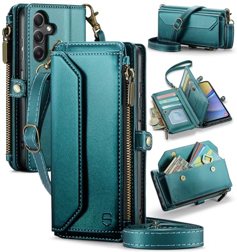 Strapurs Wallet Case Compatible with Samsung Galaxy A15 5G RFID Blocking Card Holder Soft PU Leather Magnetic Snap Shoulder Strap Zipper Pocket Phone Case Fit for Galaxy A15 6.5" - Bluegreen