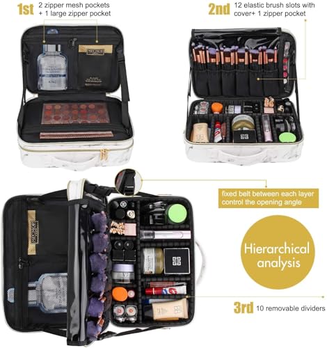 Image of Professional Makeup Bag for Women Travel Cosmetic Kit Storage Vanity Box Vanity Bag for Cosmetics Makeup Brush Bag with Adjustable Dividers Organisers (9012-White Marble)