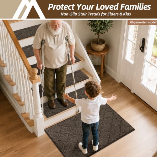 Image of COSY HOMEER Edging Stair Treads Non-Slip Corner Indoor Stair Runners for Wooden Steps,Landing Slip Resistant Stair Rugs for Kids and Dogs, 100% Polyester TPE Backing,Brown,20 inchX32 inch