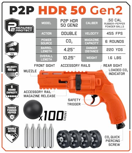 Umarex T4E P2P HDR 50 GEN 2 Self & Home Defense, Less Lethal .50 Cal Paintball Pistol Orange Limited Edition with 5X Mag .50 Cal, 5x12 g CO2 Tanks and Pack of 100x .50 Cal Black Rubber Balls Bundle - Image 3