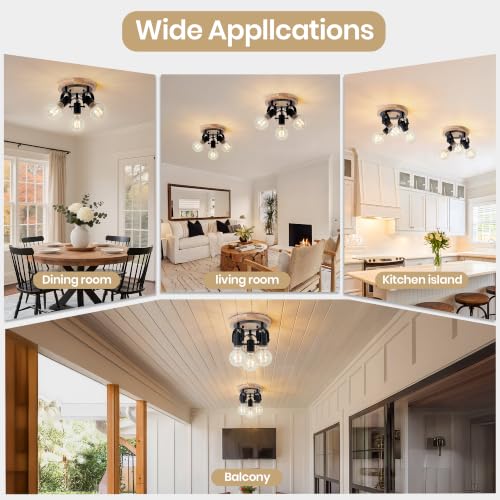 Image of Farmhouse Flush Mount Ceiling Light with Natural Wood Base, Industrial Black Metal Semi Flush Mount Light Fixture, E26 Socket, Rustic Close to Ceiling Lamp for Hallway Entryway Kitchen Bedroom