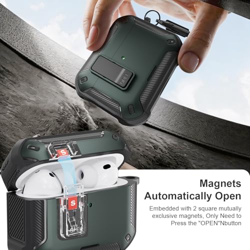 Image of for AirPods Pro 3 Case with Magnetic Lock and Phone Stand, Compatible with Magsafe Charging,with Carabiner&Cleaner kit for Apple iPod Pro 3rd Generation Cover(2025) Men Women (Dark Green)