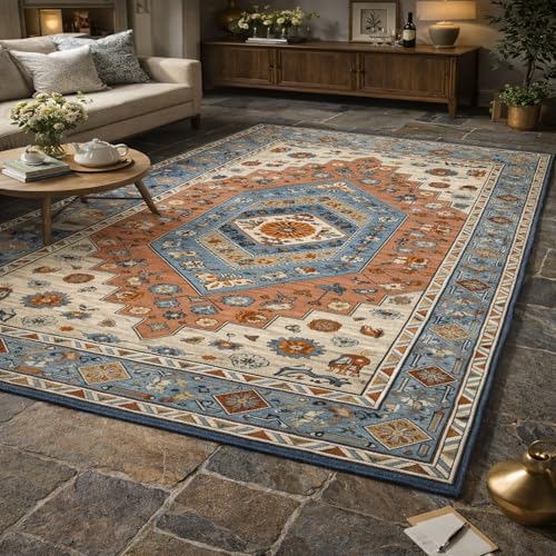 Alfombra de pelo corto suave Rururug azul tradicional lavable de gran calidad 2