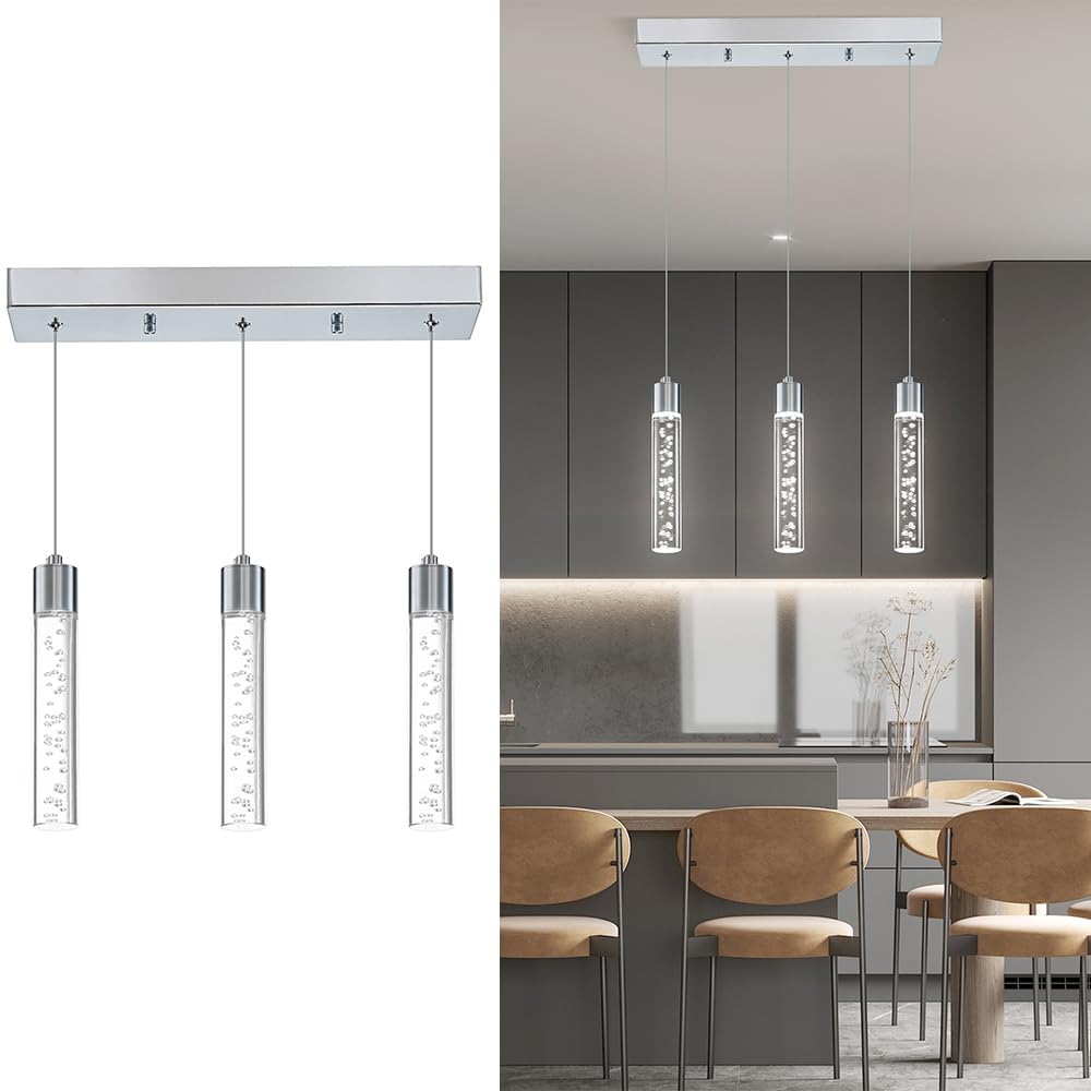 3-Light Pendant Lights Kitchen Island Hanging Light Fixture, LED Chrome Dining Room Light Fixture with 6000K 20W