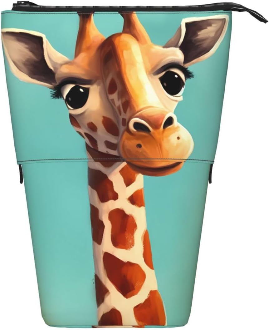 Funny Giraffe Art Cosmetics Bag Standing Pencil Case Telescopic Pencil Bag Portable Pencil Holder Cute Stand up Pencil Pouch for Women Men Travel Coin Pouch Purse image 3