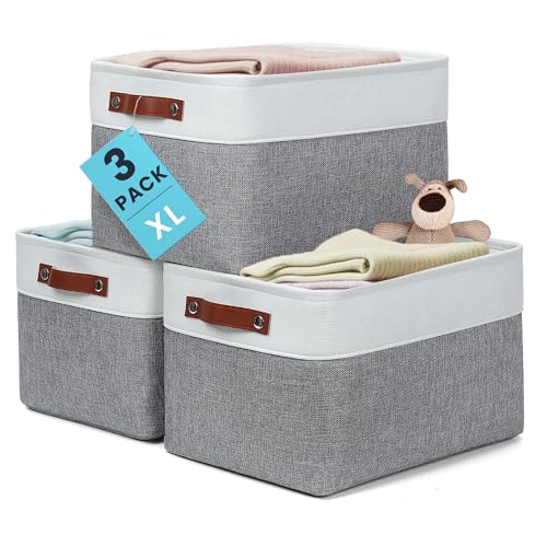 Image of OrganiHaus Extra Large Fabric Storage Baskets for Shelves 3 Pack, 16x13in Closet Storage Bins, Canvas Baskets for Organizing, Linen Closet Organizers, Cloth Basket, Gray/Off-White
