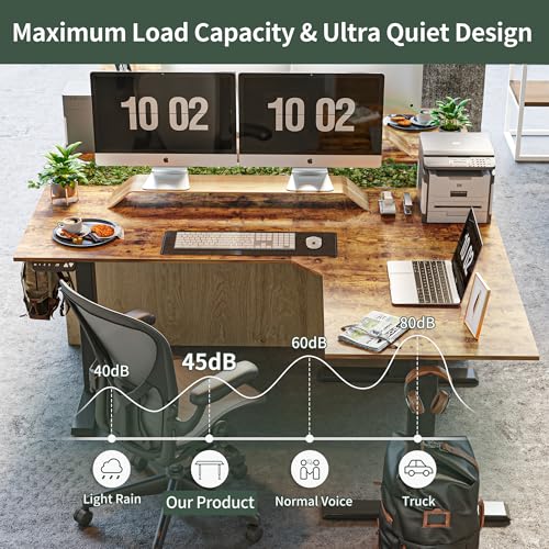 Image of FEZIBO Triple Motor 63 inch L Shaped Standing Desk, Electric Standing Gaming Desk Adjustable Height, Corner Stand up Desk with Splice Board, Black Frame /Rustic Brown Top