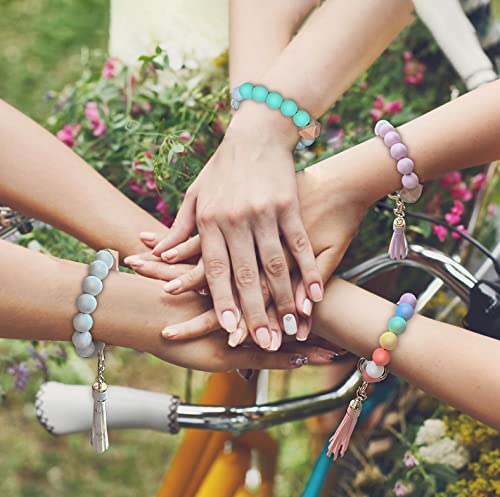 Alysha 2Pcs Silicone Beaded Bracelet Keychain, Key Ring Bangle Wristlet Keychain With Leather Tassel For Women/Girls(Bright Green) #TOP6