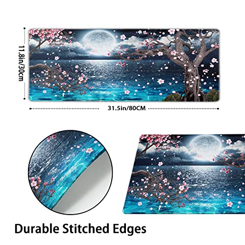 Image of Pink Cherry Blossom Gaming Mouse Pad XL Sakura Tree Blue Ocean Moon Night Extended Big Large Desk Mat Non-Slip Rubber Base Stitched Edge Long Keyboard Mousepad for PC Computer Laptop,31.5x11.8 in