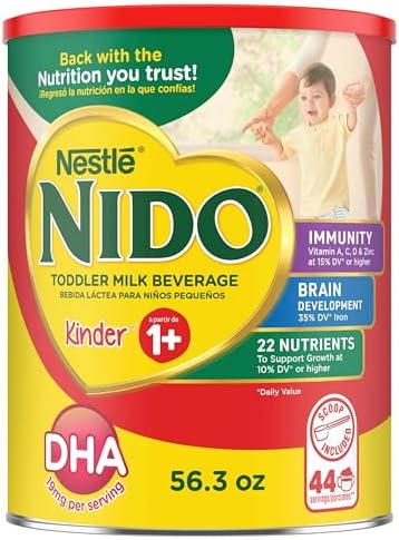 Nestlé NIDO Kinder Toddler Milk Beverage Powder Mix, 1 + Years, Toddler Nutritional Drink, Powdered Milk for Toddlers, 47 Servings per Container, 282 Total Servings, 6 Pack.