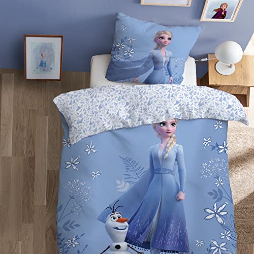 CTI Disney Frozen Magical Seasons Parure de Lit Enfant La Reine des Neiges 140x200 cm | 100% Coton | Oeko-TEX | Housse de Couette Fille 140x200 cm + 1 Taie d'oreiller 63x63 cm | Bleu Cover