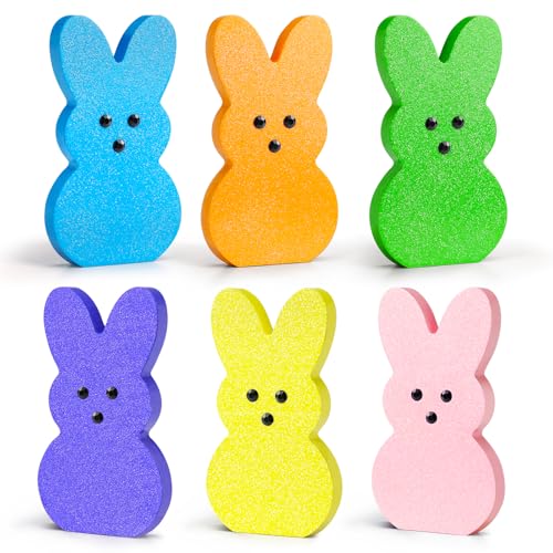 Easter Peeps Decorations: 6 Pcs Glitter Easter Decor for Home, Wood Table Decorations, Tiered Tray Décor, Spring Signs for Desk Shelf Mantel Office Indoor, Basket Gifts