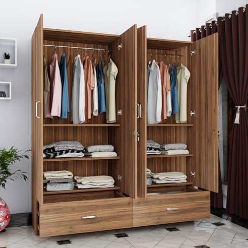 Image of VIKI Wardrobe |Wooden Almirah for 4 Door Wardrobe with 2 Split Drawer & Hanging Space (Brussel Walnut - 40D x 160W x 180.8H) | 1 Year Warranty | Free Assembly