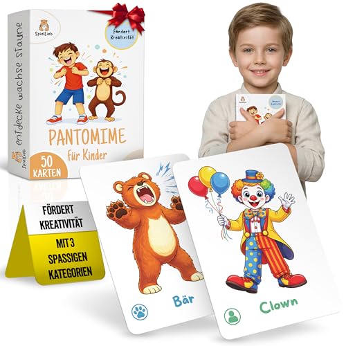 Pantomime Spiel Kinder - Lustiges Lern- & Ratespiel Kartenset für die ganze Familie ScharadeSpiel Kinder Geschenkidee für Mädchen & Jungen - Spiele ab 4 5 6 7 8 9 Jahre