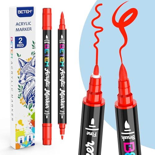 Image of Betem 2 Red Paint Markers for Glass, Dual Tip Acrylic Paint Pens