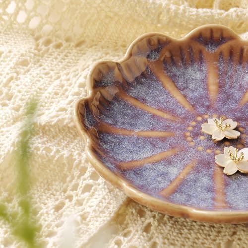 Image of Lotus Ring Holder Dish Small Indoor Ash Tray, Ceramic Dessert Plate Trinket Jewelry Holder Organizing Necklace Earrings for Parents Friends Sister, Deep Purple. All Jewelries Are NOT Included.
