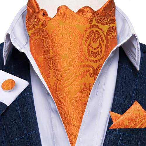 Image of DiBanGu Mens Silk Ascot Ties Paisley Jacquard Woven Cravat and Pocket Square Cufflinks with Lapel Pin for Business Wedding