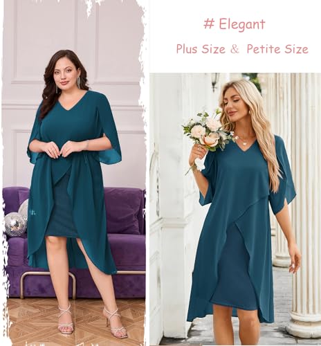 Image of Hanna Nikole Womens Plus Size Chiffon Cocktail Dress Ruffle 3 /4 Sleeve Wedding Guest Party Dresses with High Low Hem