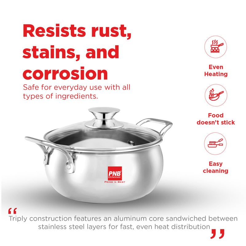 Image of PNB Kitchenmate Triply Stainless Steel Handi with Glass Lid, 1.5 LTR, 14.5 cm | 2.5mm Thick Induction Base Cookware | Healthy Cooking & Serving Pot | 5 Years Warranty