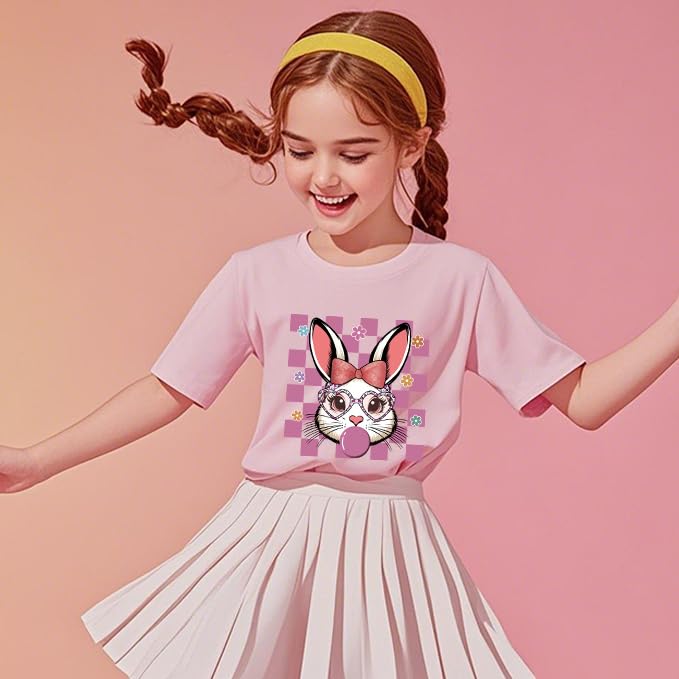 Image of CM-Kid Toddlers Happy Easter Shirts Girls Cotton Short Sleeve T-Shirt Children's Eggs Hunt Tees Kids Tees Pink Clothes 1-7 T