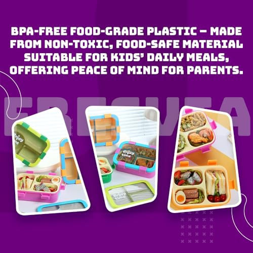 Image of Lunch Box for Kids Girls Boys, Toddler Kids Lunch Boxes for School, Lunch Containers for Adults with 3 Compartments, Utensils, Food Picks (Purple, 700 Ml)