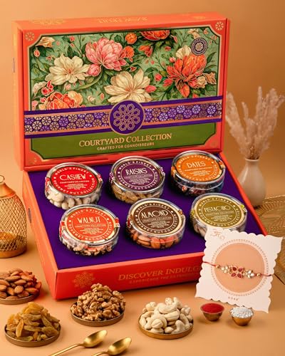 Image of Hyperfoods Rakhi With Dry Fruits 745g RawFruit Courtyard Collection Pack of 6 Dry Fruits Gift Box Rakhi Combo Set for Brother DryFruits Gift Pack DryFruits Combo Pack