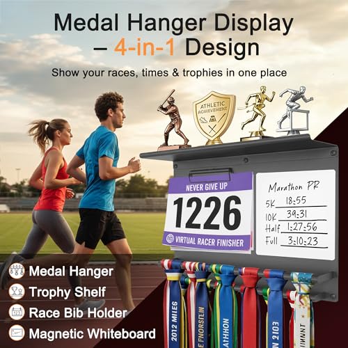 Image of Running Medal Hanger Display with Trophy Shelf, Race Bib Holder and Whiteboard, 2-Bar Medal Holder for 50+ Medals with Flag Magnets, Marker, Wall Mounted, Grey