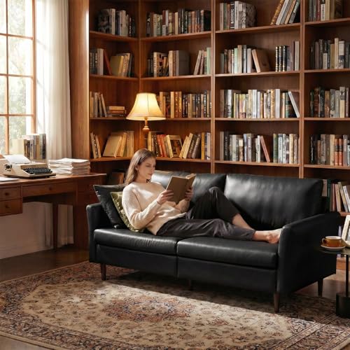 Image of Kingfun 80 inch Faux Leather Sofa Couch, Mid Century Modern Leather Couch with Rolled Arms and Deep Seats, Brown Leather Sofa for Living Room, 3-Seater Couch for Apartment, Office and Bedroom, Black