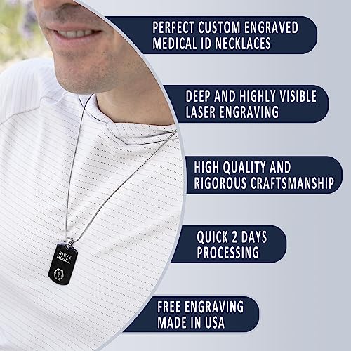 Divoti Deep Custom Laser Engraved Stainless Steel Medical Alert Necklace for Men, Chic Black & Silver Medical ID Necklace, Medical Dog Tag w/Free Engraving 24 Snake Chain-Blue