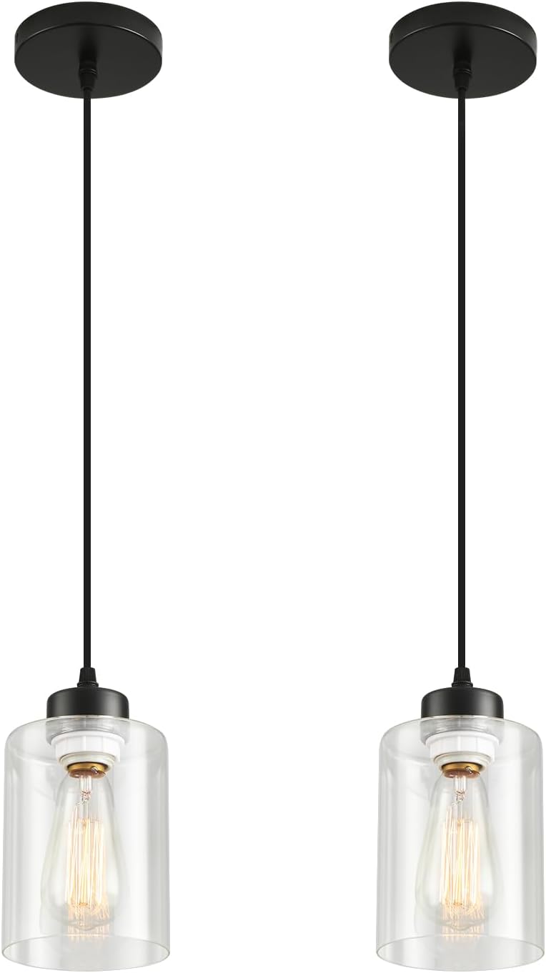 Modern Black Farmhouse Pendant Light with Glass Shade,Industrial Pendant Lighting, Adjustable Hanging Light Fixtures, Farmhouse Pendant Lighting