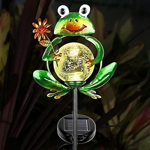 Litake Solar Garden Lights Frog Garden Outdoor Decorations Solar Lights Waterproof Crackle Glass Globe Metal Garden Stake Lights Warm White for Patio, Path, Yard, Lawn Cover