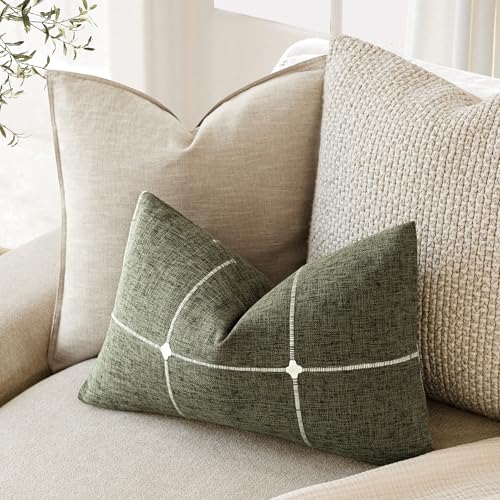 Image of Foindtower Pack of 2 Decorative Faux Linen Jacquard Check Throw Pillow Covers Farmhouse Lumbar Cushion Cover with Grid Textured Pillowcase for Couch Sofa Living Room Home Decor,12x20 Inch,Olive Green