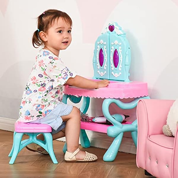 homcom Set 2 in 1 da 32 Pezzi Toeletta per Bambine 3-6 Anni, Tavolo per Trucco con Accessori e Pianoforte, 49.5x23x66 cm, Blu e Rosa