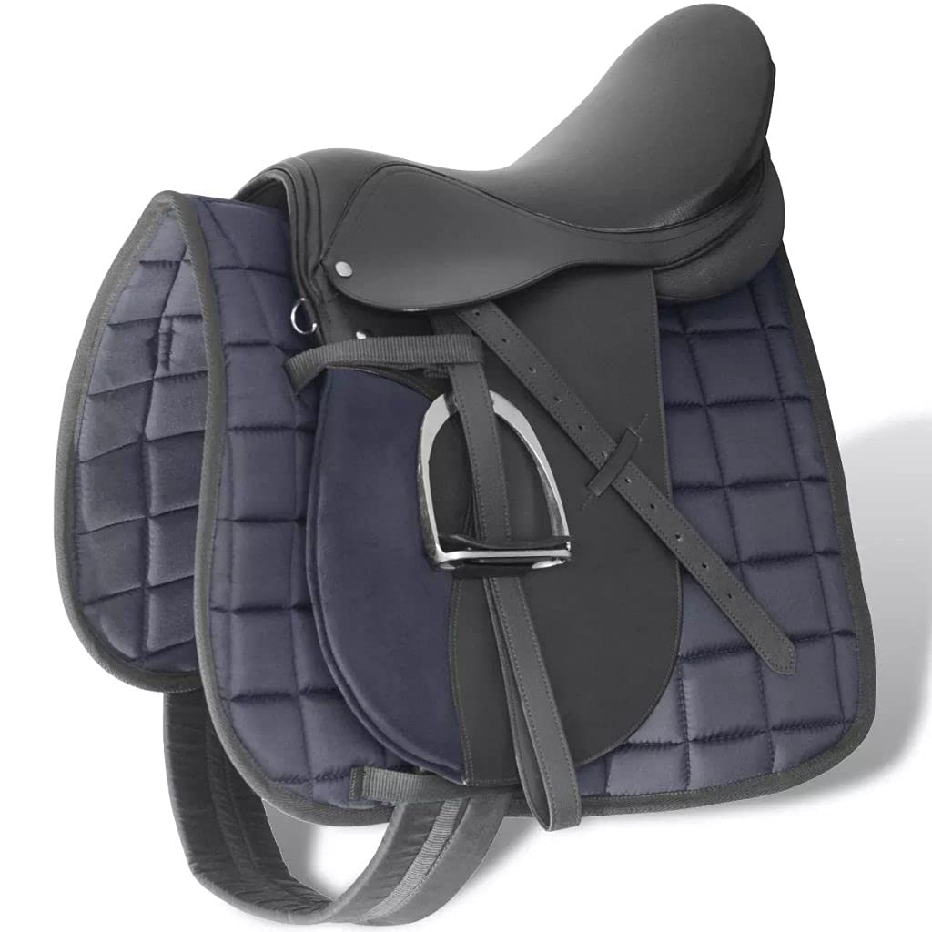 SKM Set Sella Equitazione 17,5" in Pelle Sella Cavallo Set con Una Coperta per Sella, Staffe, Una Cinghia di Staffa ed Una Sottopancia Naturale Nera 18 cm 5-in-1
