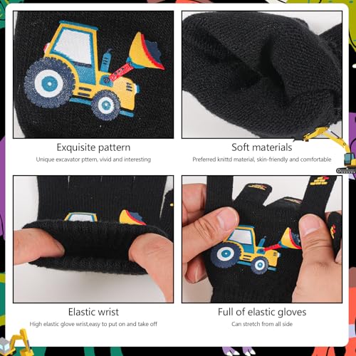 6 Pairs Children's Magic Gloves, Unisex Stretch Mittern Warm Knit Gloves Winter Thermal Glove Kid’s Full Fingers Glove Cold Weather Mitterns Excavator Pattern for Boys Girls 4-12 Years3