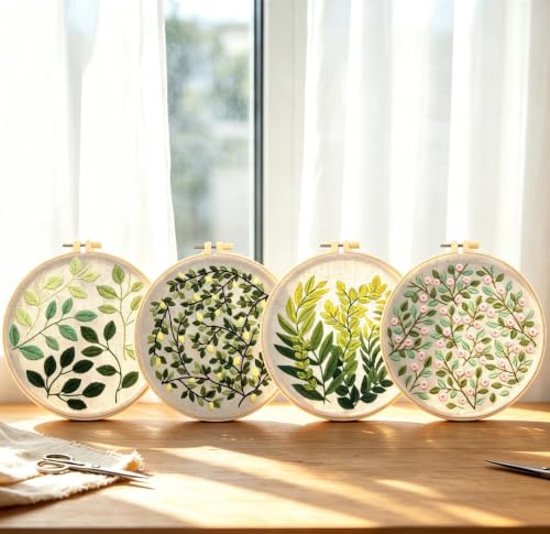 Image of Vintage Plant Embroidery Kits for Beginners Adults, Flowers Hand Embroidery Sets Needlepoint Kits, Stamped Cross Stitch Kits for Beginners Adults, 4 Embroidery Hoops, Fabric (Attached Video Tutorial)