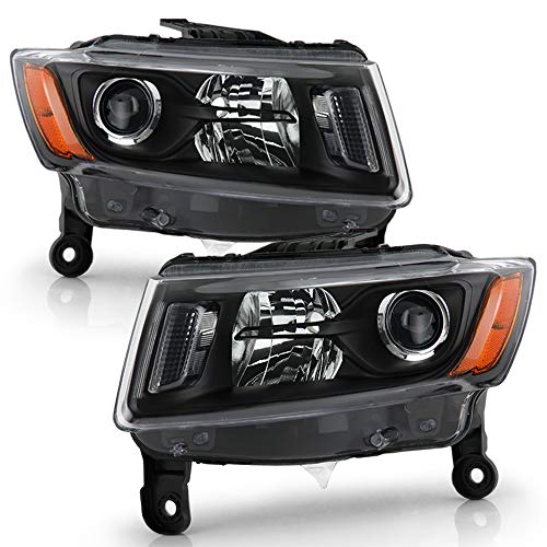 ACANII - For [Halogen Model] 2014-2016 Jeep Grand Cherokee Black Housing Headlights Headlamps Assembly Pair Left+Right