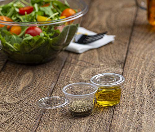 Image of Clear Disposable Plastic 1 Oz Portion Cups (100 Sets) - Condiment, Sauce, Dressing, Jello Shot Cups With Lids