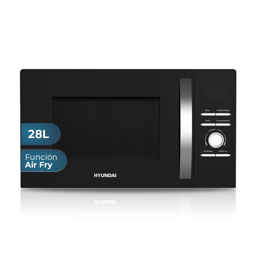 Hyundai Micro-ondes, 28 l, convection, noir, HMWAF28900GN, 900 W, 8 programmes, fonction décongélation, revêtement intérieur, nettoyage facile, minuterie 60 minutes.